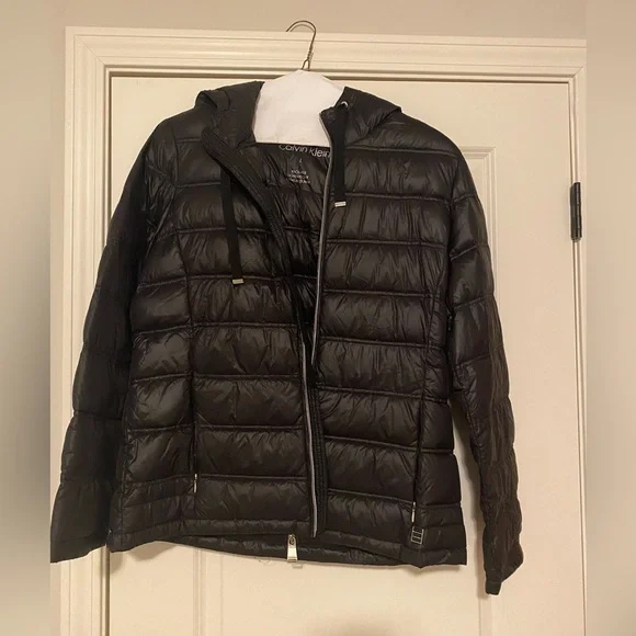 Calvin Klein Lightweight Quilted Down Puffer Coat Hooded Black Size Large - Picture 1 of 3
